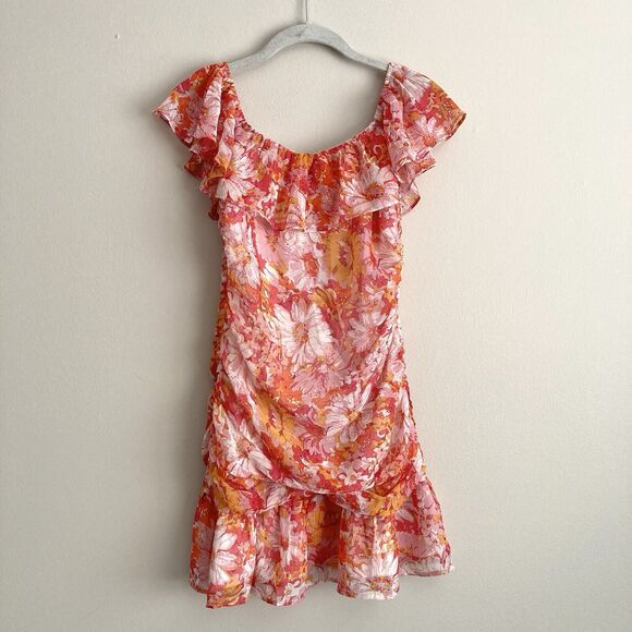 Fortunate One Womens Floral Print Ruched Off Shoulder Dress Pink Size Small - Picture 2 of 12